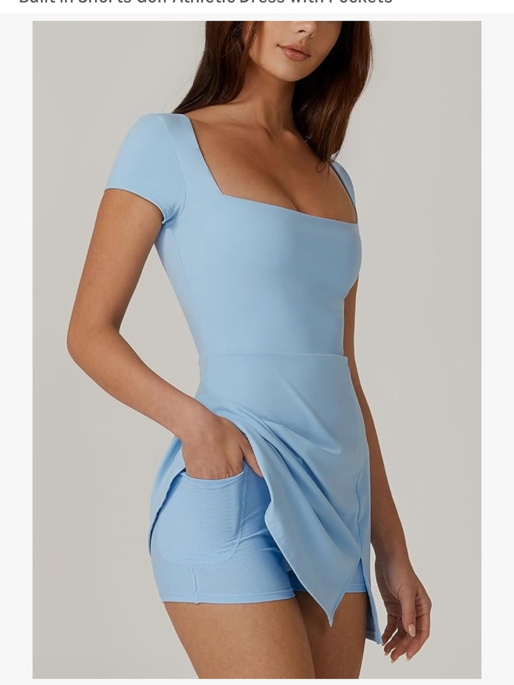 Square-Neck Airy Blue Athletic Dress with Built-In Shorts
